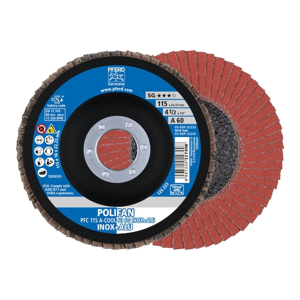 Pferd 4-1/2" x 7/8" A.H. POLIFAN Flap Disc - A-COOL SG INOX+ALU, Aluminum oxide, 60 Grit, Conical 62232 - main